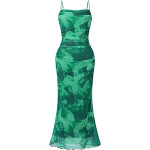 🆕 Women Green Mesh Sexy Cami Long Dresses Floral Slip Maxi RuchedSummer Bodycon